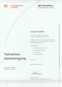 Teilnahmescheinigung IBC Home One Produkte